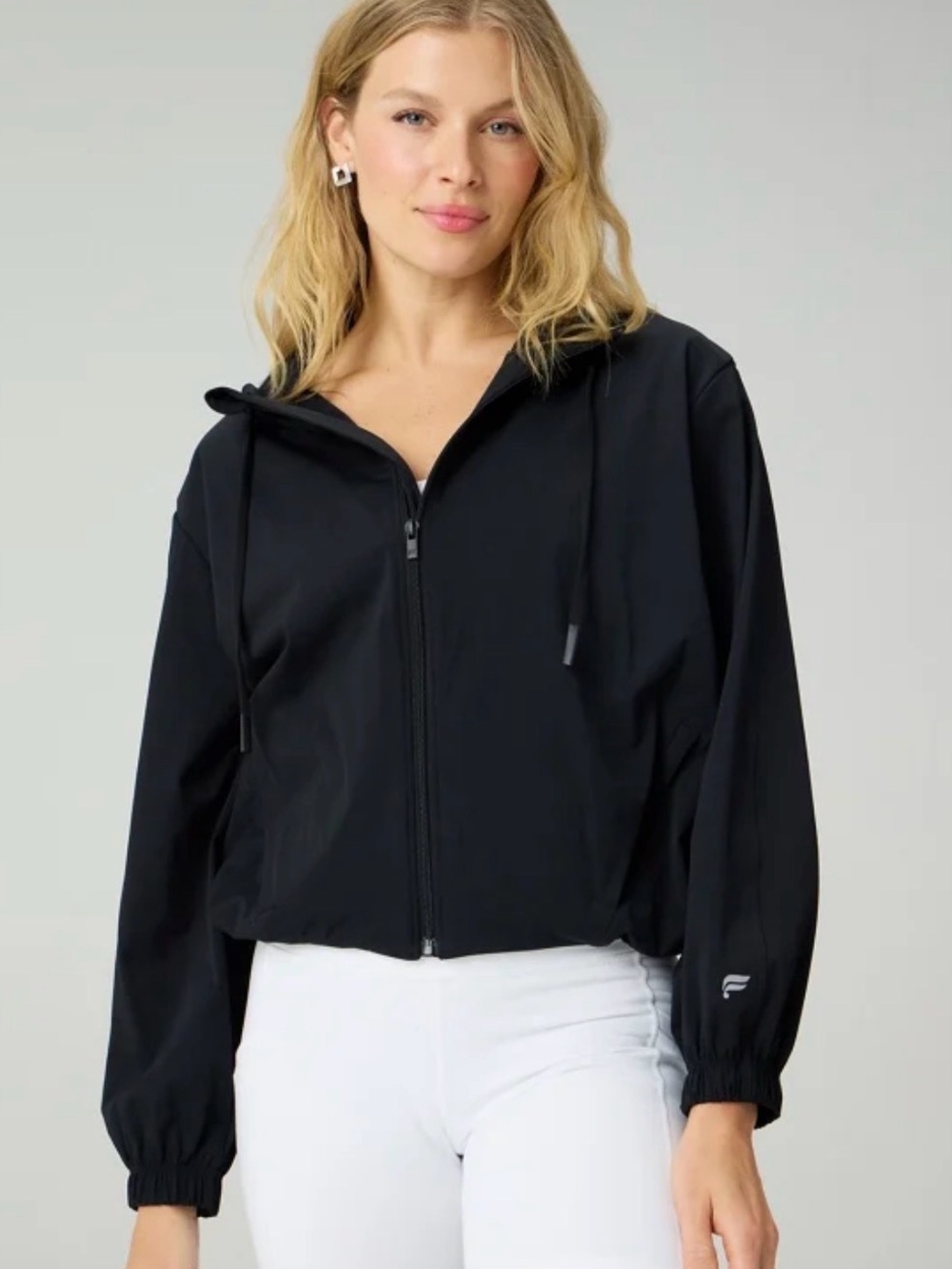 Fabletics Black Hooded Zip Bomber Crop Jacket XL